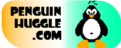 PenguinHuggle.com - Logo - flipper shape with Penguin and domain name in orange, white, and blue-green gradient
