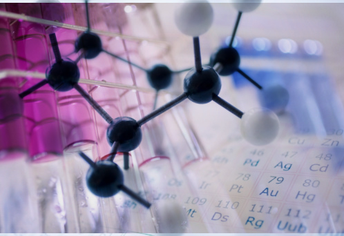 Collage - model of molecules, chart of elements, test tubes in purple gradient